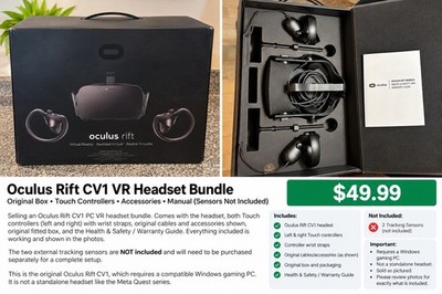 Oculus Rift CV1 Headset + 2 Touch Controllers  + Original Box - No Sensors