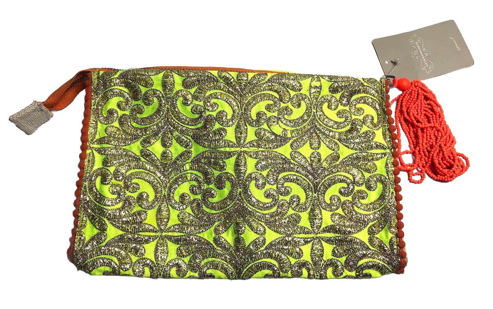 Anthropologie Clutch NWT Jasper & Jeera Metallic Brocade Beaded Tassel Neon
