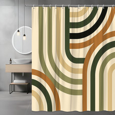 Modern Boho Shower Curtain with Abstract Curves in Green and Brown