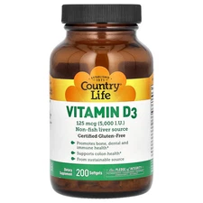 Country Life Vitamin D3 5 000 IU 200 Softgels Gluten-Free, GMP Quality Assured ,