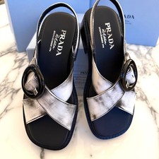 Prada 1X962N Women White/Black Leather slingback sandals shoes EU 40 US 10