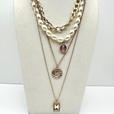 VTG Gold Tone Layered Pendant Necklace Faux Pearl Multi Strand Curb Chain Coin