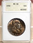 1956 FRANKLIN HALF DOLLAR ANACS MS66 WE6947 - OLD HOLDER - NICELY TONED