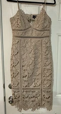 BARDOT Size 8 Embroidered Crochet Sheath Dress, Spaghetti Strap Beige Tan