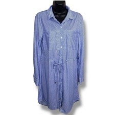 Small Red8 Brand Blue White Stripes Shirt Dress Button Up Front Roll Tan Sleeves