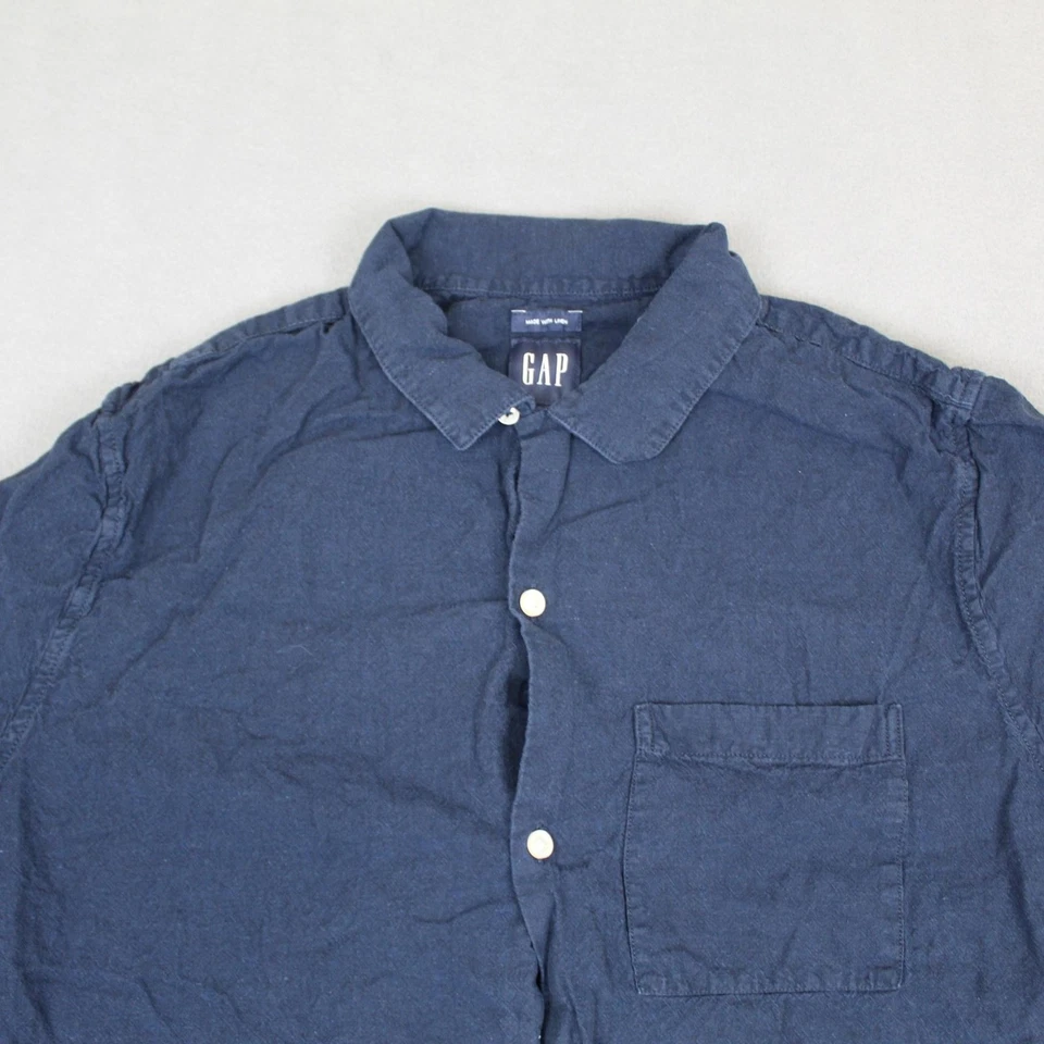GAP Shirt Mens Large Classic Navy Blue Short Sleeve Linen Cotton Button Up - Image 2 of 4