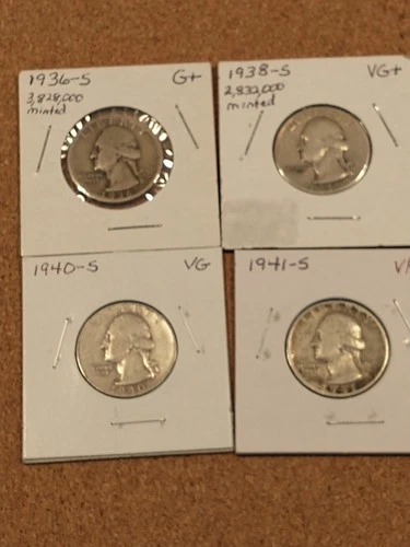 1936-S G+, 1938-S VG+, 1940-S VG, and 1941-S VF Better Date Washington Quarters