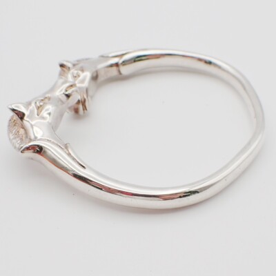 HERMES Logo Cheval Double Horse Head Bangle Bracelet Silver