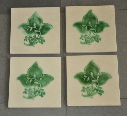 4 Pc Vintage Leaf Embossed Fine Decorative Ceramic Tiles,Japan? - Picture 3 of 8
