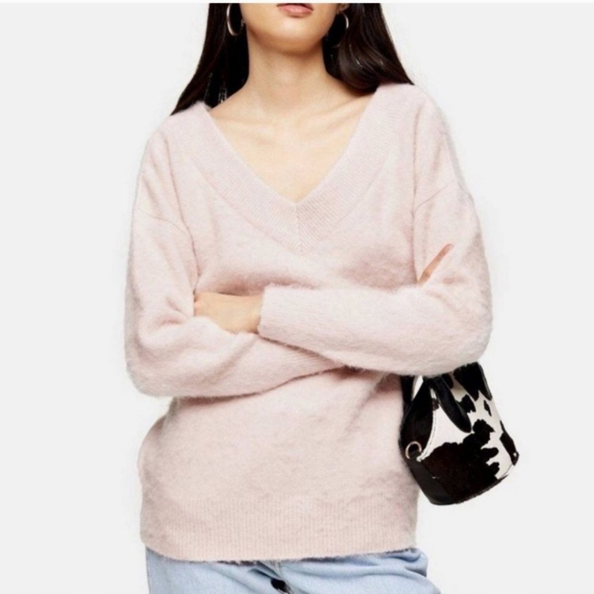 Topshop Light Pink Oversized Double V-neck Soft Knit Sweater