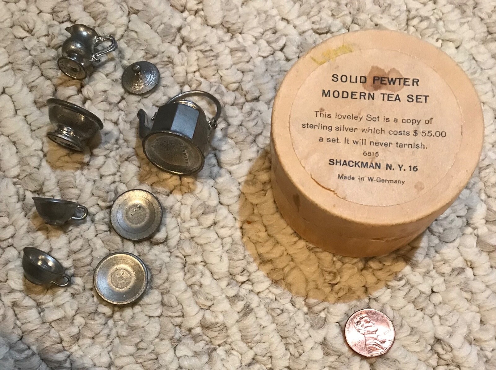 Vintage SHACKMAN Pewter 8 piece Tea Set DOLLHOUSE MINIATURE Germany USA