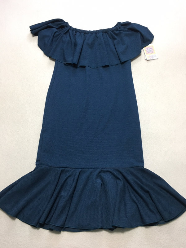 NWT Lularoe S Cici Dress Solid Steel Blue Teal Flounce Ruffle