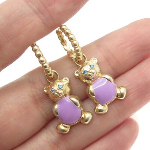 Authentic 925 Sterling Silver Gold Plated Enamel & Blue C Z Teddy Bear Hoop Charm Earrings