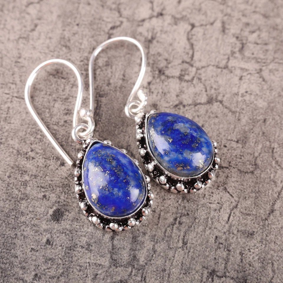 Brincos de prata esterlina 925 com gota/pingente de pedra preciosa lápis-lazúli natural - Imagem 3 de 4