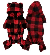 New w/tags Adorable RED Plaid Puppy Dog Pajama Soft Fleece Hoodie Elastic XS  
