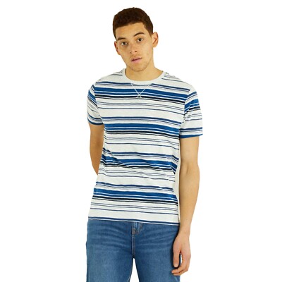Kiabi Herren T-Shirt Rundhals Streifen Türkis Blau Regular Kurzarm Baumwolle