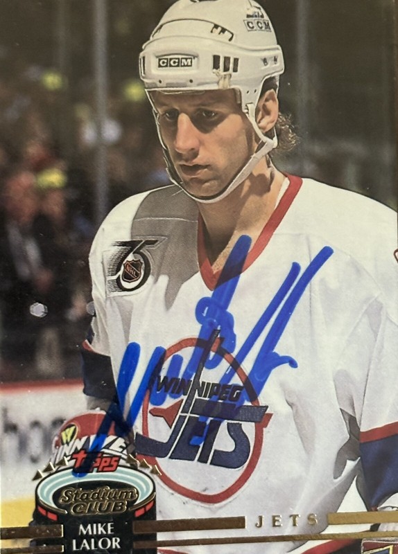 Autographed Mike Lalor 1992 Topps Stadium Club Winnipeg Jets hockey card (#190)