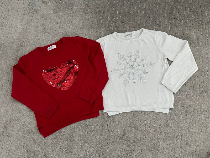 Lot Of 2 H&M Toddler Girl Sweater Sequin Snowflake White, Red Valentines 4-6T
