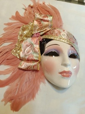 Vintage Clay Art San Francisco Ceramic Wall Mask Lady Flapper Pink Feathers 1980