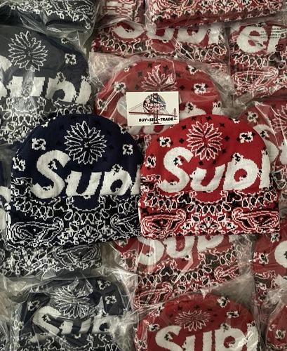 SUPREME FW24 BANDANA GRAND LOGO BONNET ROUGE, BLEU MARINE / 100% authentique