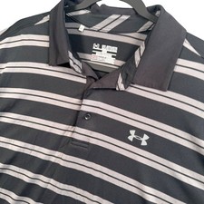 Under Armour Polo Shirt Mens 2XL Black Striped HeatGear Loose Fit Short Sleeve