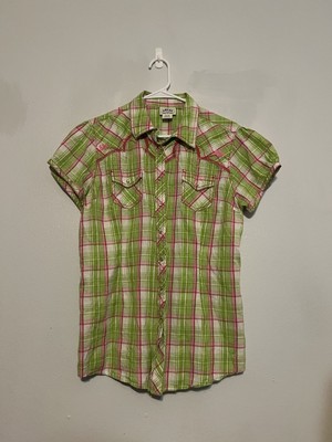 Ariat Pearl Snap Short Sleeve Western Shirt XL Pink White Green Plaid