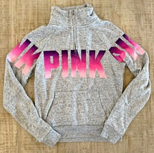 Victoria s Secret PINK XS Gray Quarter Zip Pullover Sweatshirt Ombre Logo