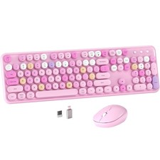 Colorful Wireless Computer Keyboard And Mouse Combo Round Keycaps Pink Set