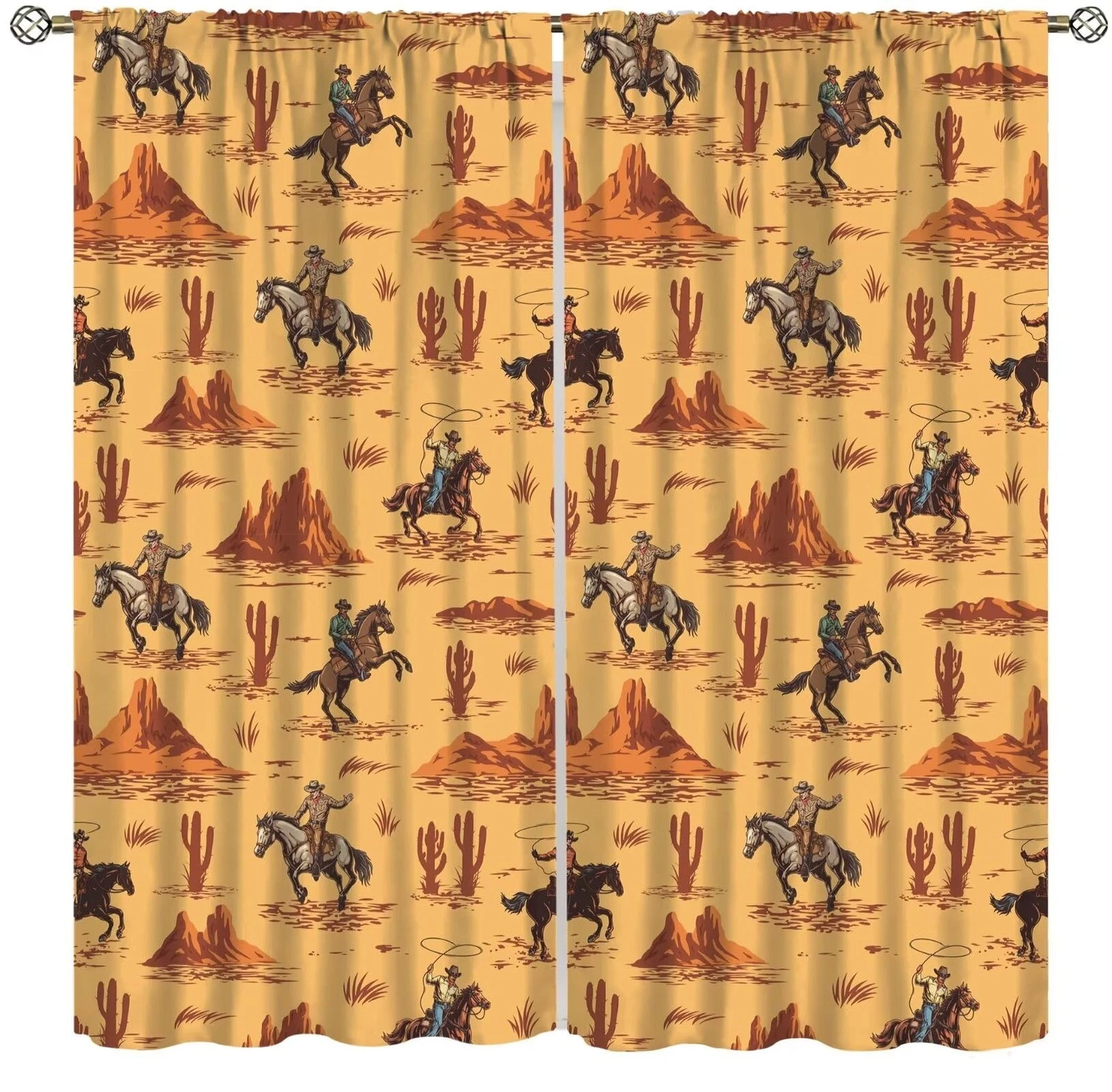 Vintage West Cowboy Curtains Wild Western Cowboy and Horses Cactus Print Blac...