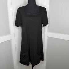 Black Shirt Dress Womens Medium Stretch Relaxed Fit Square Neck Pocket