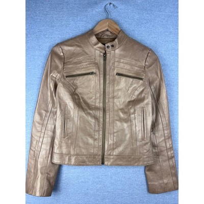 Arden B Womens Metallic Bronze Leather Cafe Racer Biker Jacket Small Rose Gold