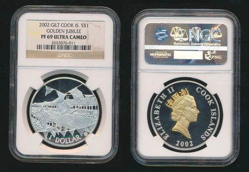 Cook Islands: 2002 QEII $1 Gilt Silver Golden Jubilee NGC PF 69 Ultra Cameo