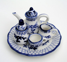 MINIATURE BLUE AND WHITE TEA SET - TEA POT, SUGAR, CREAMER, TEACUP  TRAY