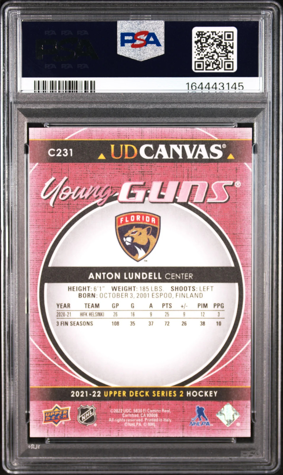 2021-2022 Upper Deck UD Canvas Anton Lundell #C231 Young Guns Rookie PSA 10 view 2