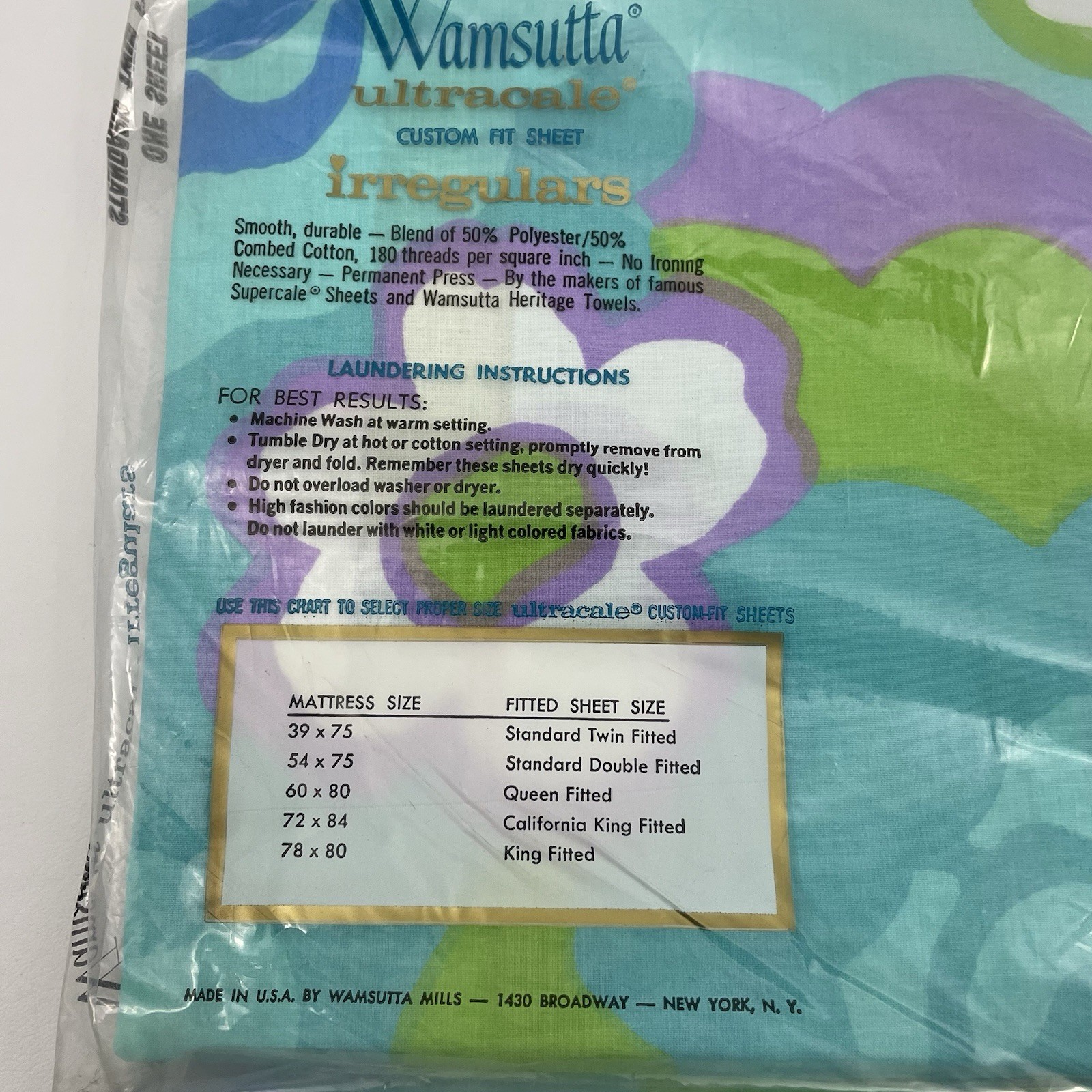 Vintage Wamsutta Ultrascale Percale Twin Fitted & Flat Sheets Blue/Green/Purple