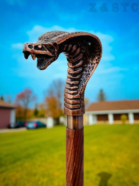 Antique Brass Cobra Head Handle Walking Stick – Spiral Wooden Cane