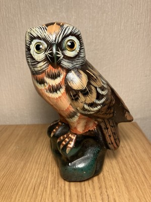Vintage Keramik glasiert handbemalt Eule Figur Vogel mit Glasaugen 6'' hoch