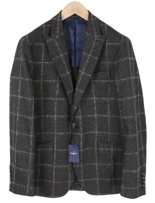 HACKETT Boucle Wolle Kariert Herren Blazer EU50 Grau Halb Futter Spitzenrevers