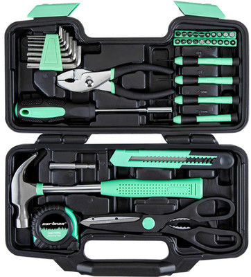 Juego herramientas 39 piezas hogar kit básico con maletín plástico verde, Nuevo