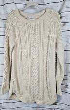 LL Bean Signature Beige Cable Knit Sweater Tunic M Womens Fisherman Boatneck