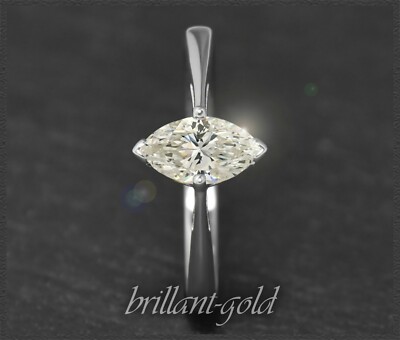 Diamant Navette Damen Ring mit 1,07ct Solitär, 585 Gold, Weißgold