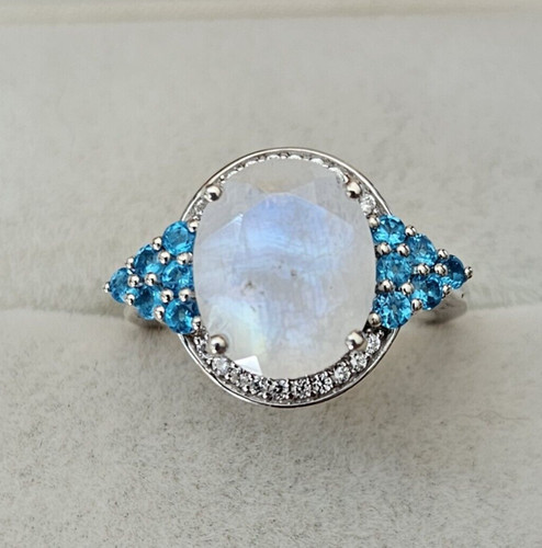 Rainbow Moonstone / Neon Apatite / Zircon Platinum Sterling Ring 5.65 ctw Sz 7