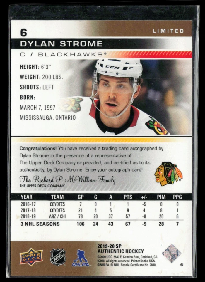 2019-20 SP Authentic Limited Autograph #6 Dylan Strome - Image 2 of 2