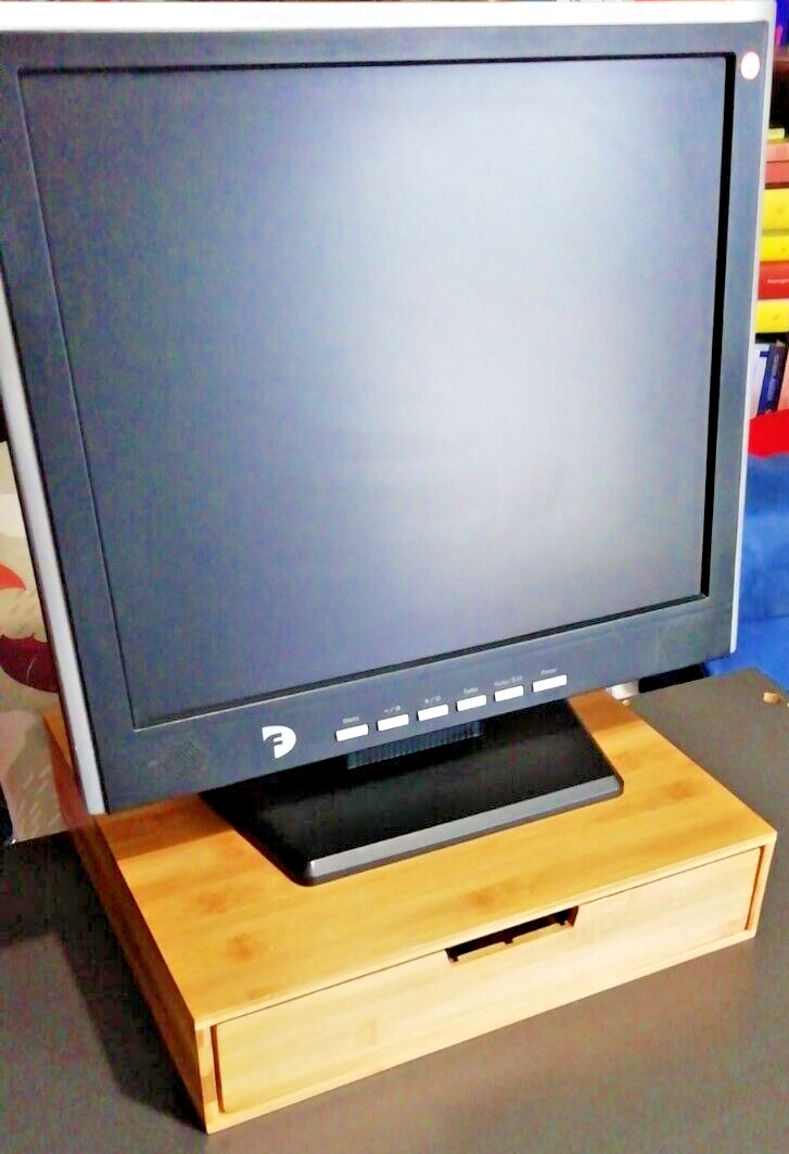 Supporto monitor rialzo scrivania pc computer bambù cassetto scomparti - NUOVO!!