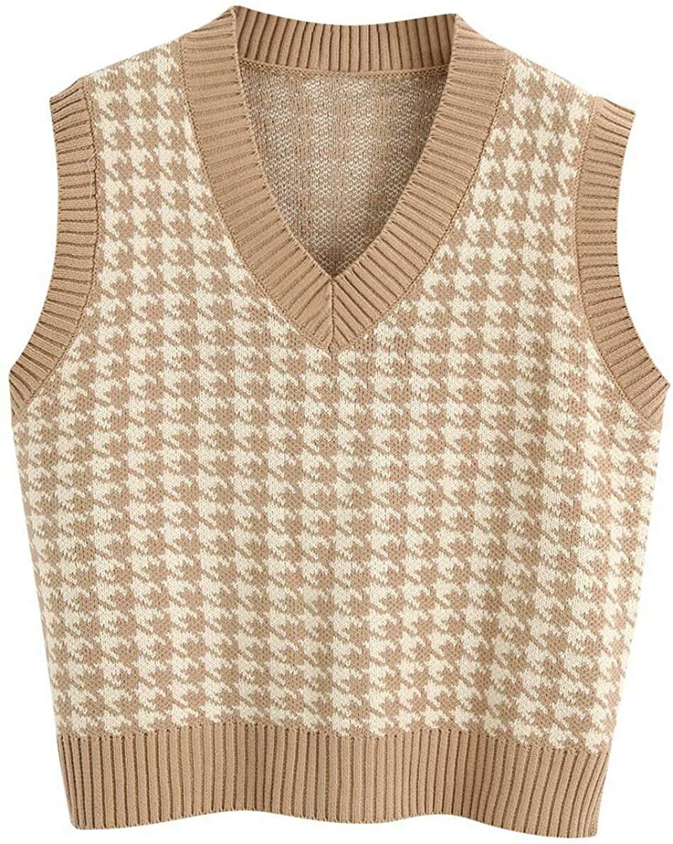 Women Houndstooth Pattern Knit Sweater 