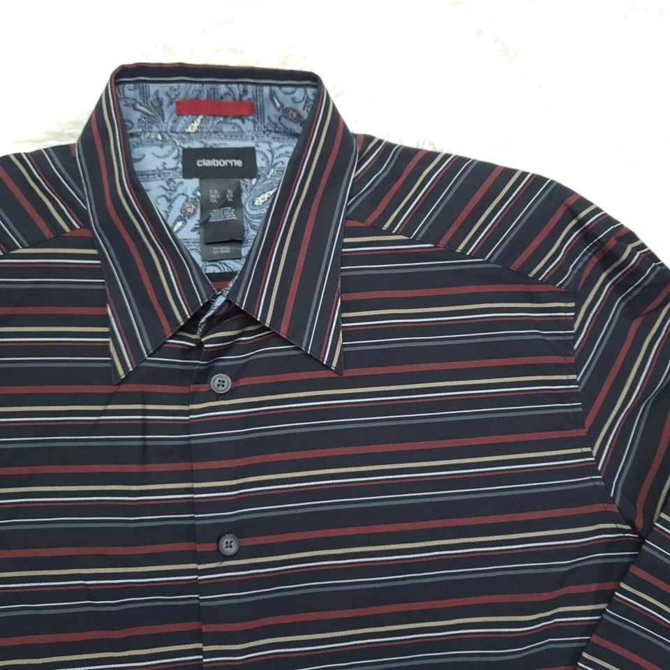 Liz Claiborne 100 % algodón púrpura y rojo rayas manga larga abotonada talla XL Foto 2 de 4