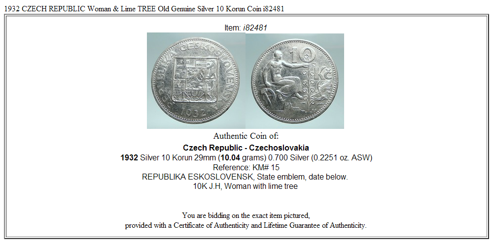 1932 CZECH REPUBLIC Woman & Lime TREE Old Genuine Silver 10 Korun Coin ...