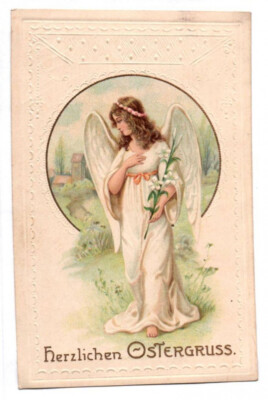 Litho Postcard Angel with Flower Heartfelt Easter Greeting 1946