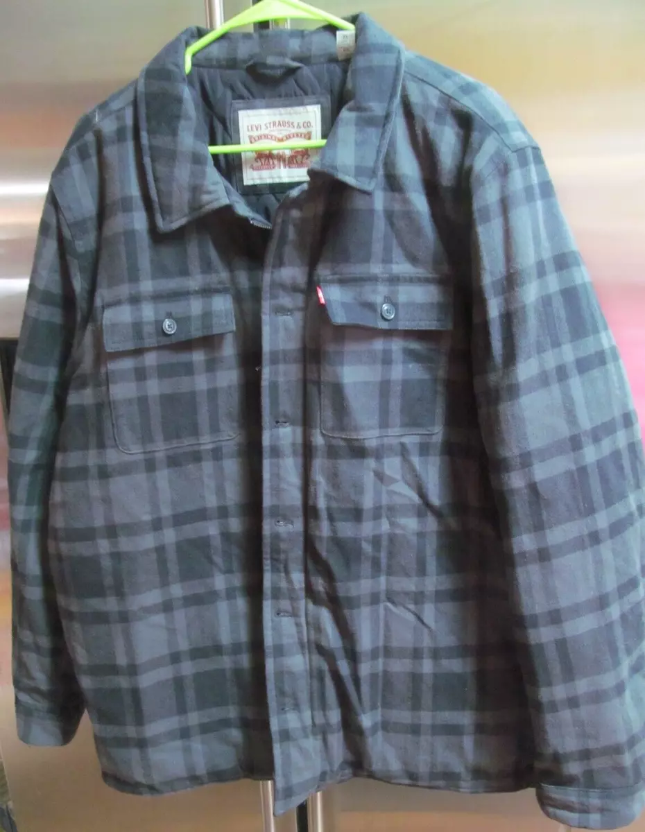 NWT LEVI'S Mens Flannel Shirt Jacket ~ Lined ~ Size XL ~ Grey Navy Plaid