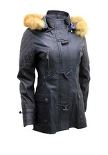 Women's Detachable Hood Quilted Navy Leather Parka Jacket